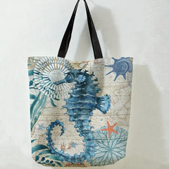 Sea Grass Seahorse Print Tote Bag Travel Beach Shoulder Reusable Grocery Bag
