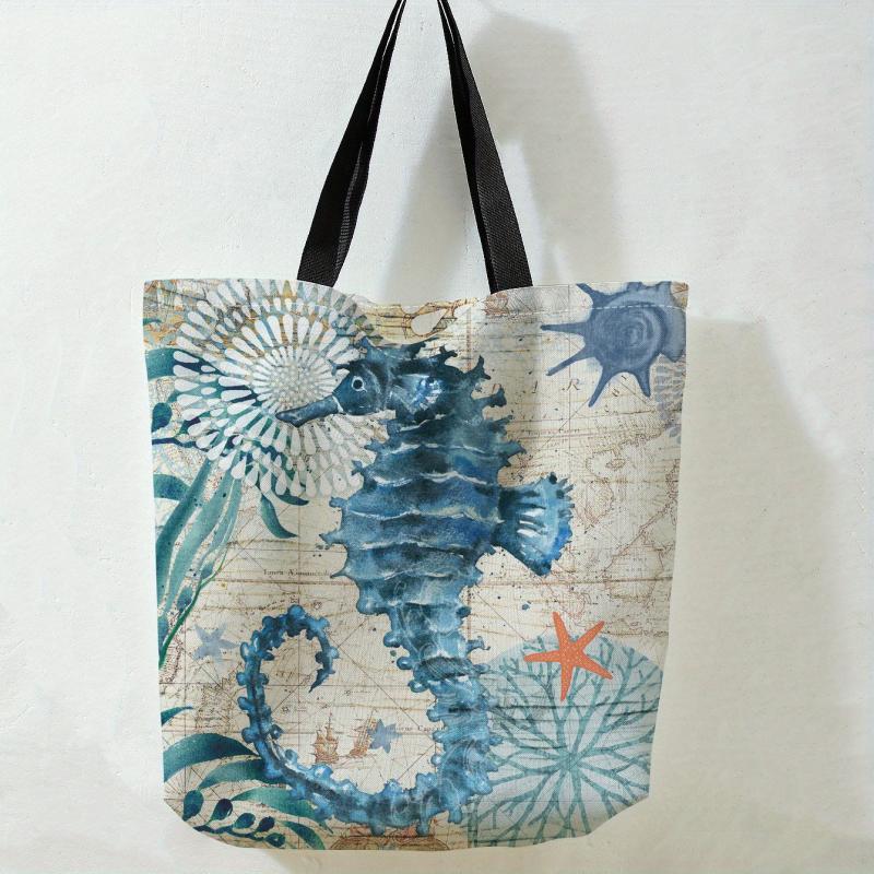 Sea Grass Seahorse Print Tote Bag Travel Beach Shoulder Reusable Grocery Bag