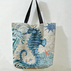 Sea Grass Seahorse Print Tote Bag Travel Beach Shoulder Reusable Grocery Bag
