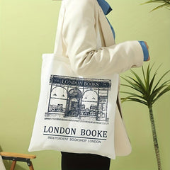 London Book Shop Print Canvas Tote Bag Casual Travel Beach Shoulder Bag