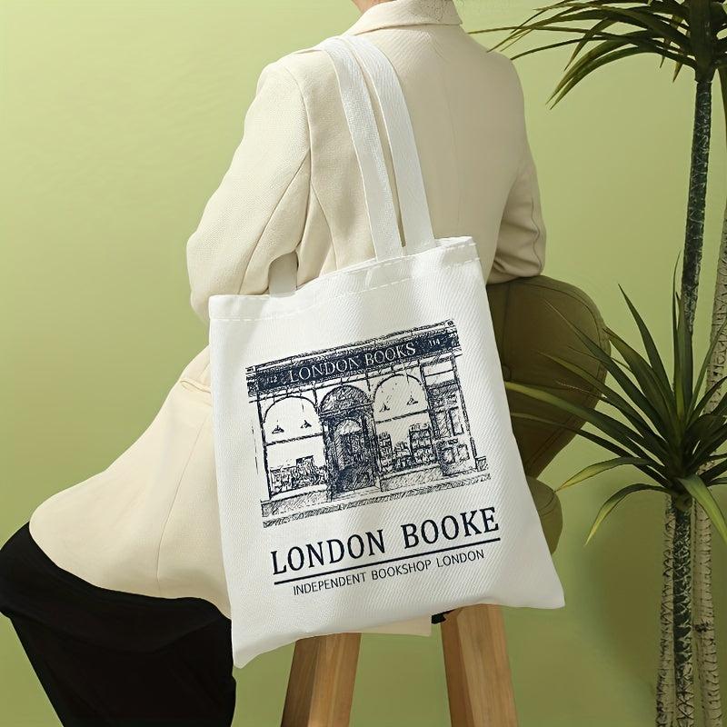London Book Shop Print Canvas Tote Bag Casual Travel Beach Shoulder Bag