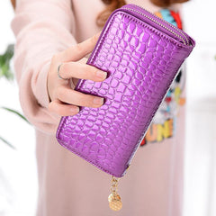 Crocodile Embossed Long Wallet Patent Leather Phone Bag Zipper Clutch