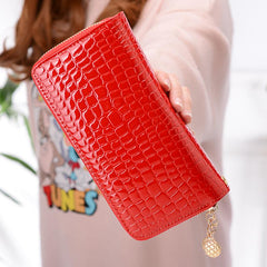 Crocodile Embossed Long Wallet Patent Leather Phone Bag Zipper Clutch