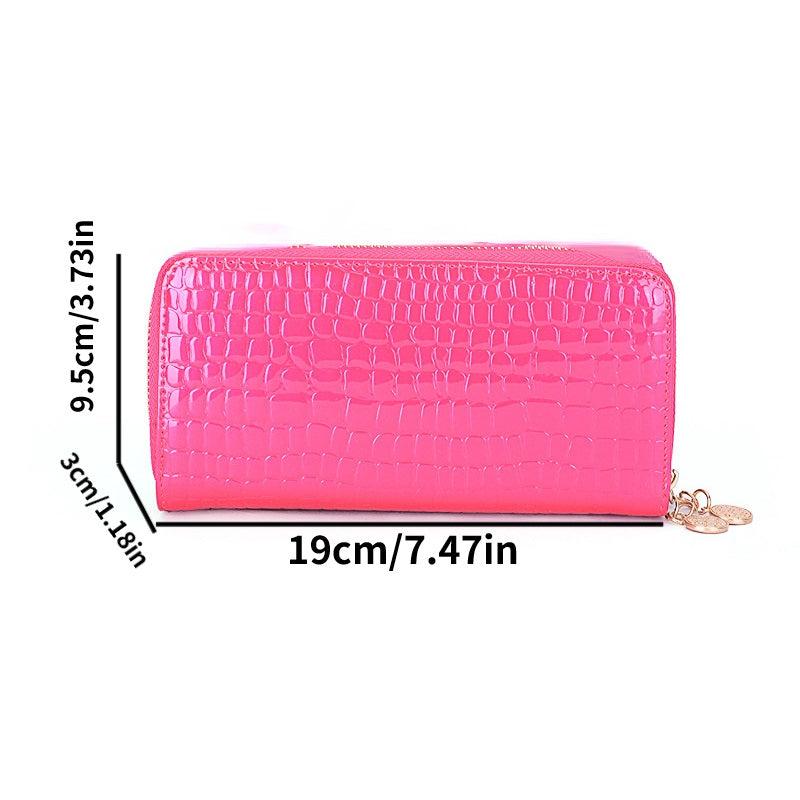 Crocodile Embossed Long Wallet Patent Leather Phone Bag Zipper Clutch