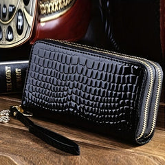 Crocodile Embossed Long Wallet Patent Leather Phone Bag Zipper Clutch