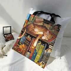 Bookshelf & Cat Tote Bag for Travel & Work Reusable Shopping Bag
