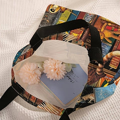 Bookshelf & Cat Tote Bag for Travel & Work Reusable Shopping Bag