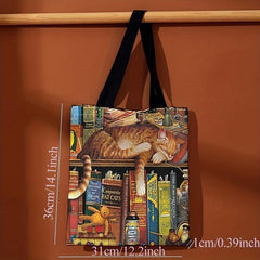 Bookshelf & Cat Tote Bag for Travel & Work Reusable Shopping Bag