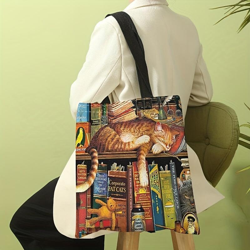 Bookshelf & Cat Tote Bag for Travel & Work Reusable Shopping Bag
