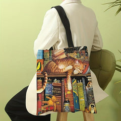 Bookshelf & Cat Tote Bag for Travel & Work Reusable Shopping Bag