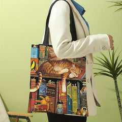 Bookshelf & Cat Tote Bag for Travel & Work Reusable Shopping Bag