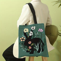 Flower Bunny Print Canvas Tote Bag Large Capacity Shoulder Bag