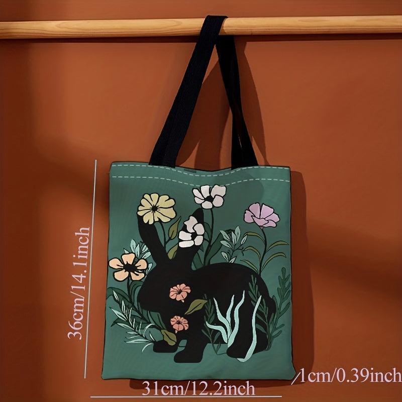 Flower Bunny Print Canvas Tote Bag Large Capacity Shoulder Bag