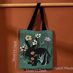 Flower Bunny Print Canvas Tote Bag Large Capacity Shoulder Bag