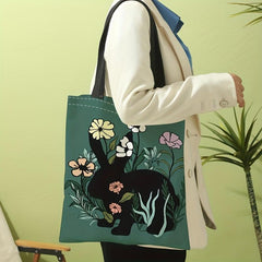 Flower Bunny Print Canvas Tote Bag Large Capacity Shoulder Bag