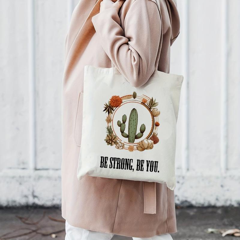 Cactus & Flowers Print Canvas Bag Lightweight Shopping Handbag