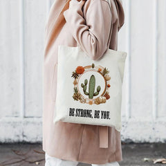 Cactus & Flowers Print Canvas Bag Lightweight Shopping Handbag