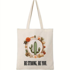 Cactus & Flowers Print Canvas Bag Lightweight Shopping Handbag
