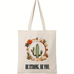 Cactus & Flowers Print Canvas Bag Lightweight Shopping Handbag