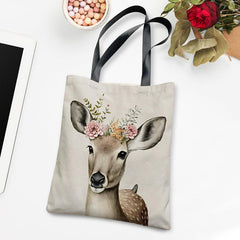 Deer Print Canvas Tote Bag Large Capacity Shoulder Bag