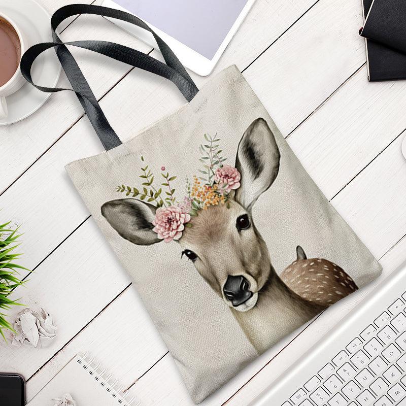 Deer Print Canvas Tote Bag Large Capacity Shoulder Bag