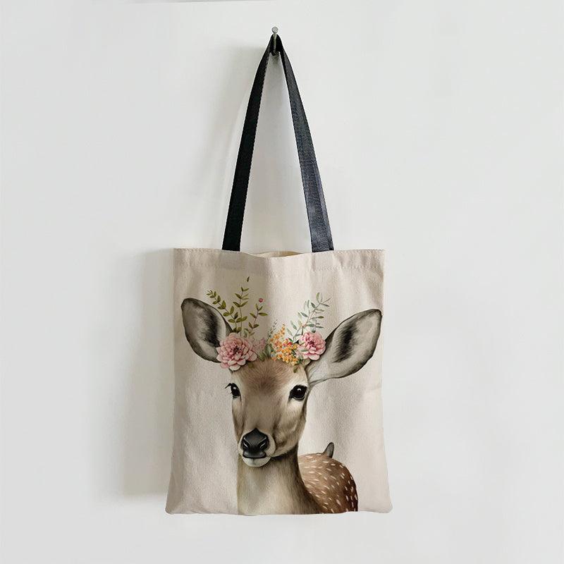 Deer Print Canvas Tote Bag Large Capacity Shoulder Bag