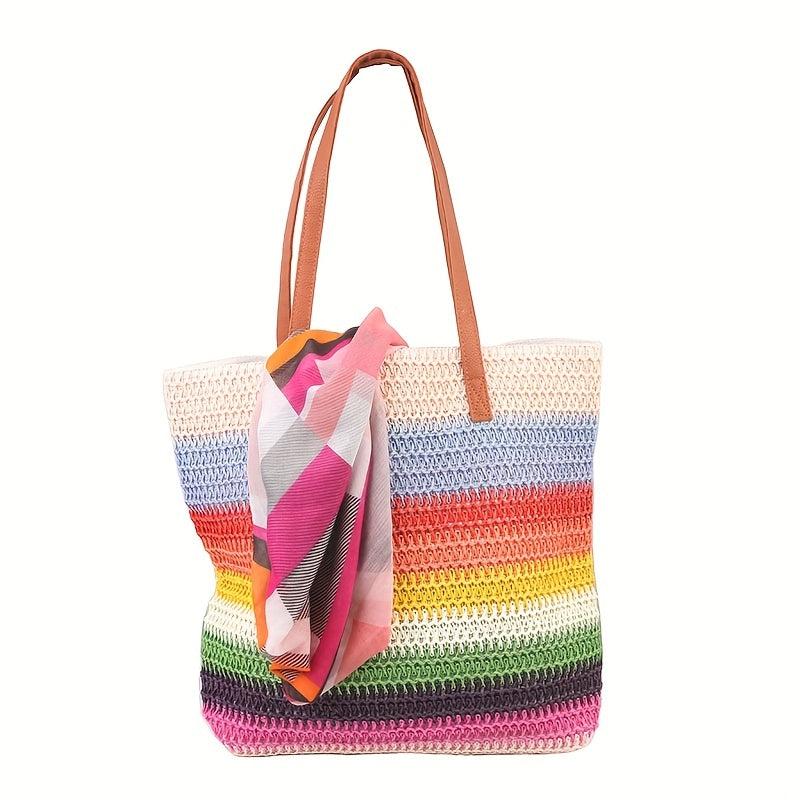 Large Rainbow Tote Bag Straw Storage Shoulder Bag For Travel