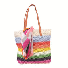 Large Rainbow Tote Bag Straw Storage Shoulder Bag For Travel