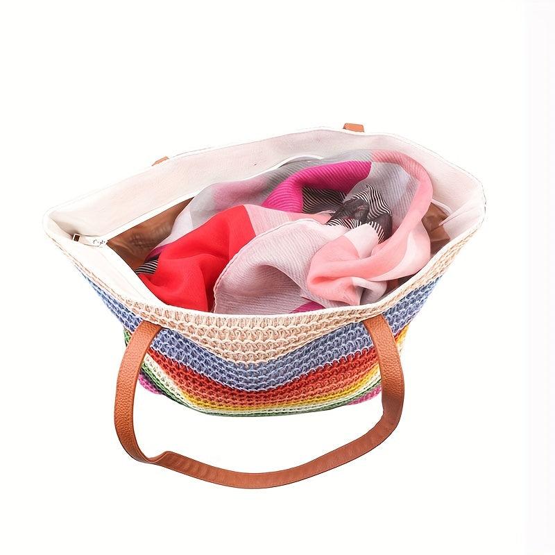 Large Rainbow Tote Bag Straw Storage Shoulder Bag For Travel