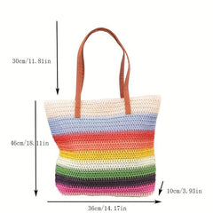 Large Rainbow Tote Bag Straw Storage Shoulder Bag For Travel