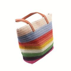 Large Rainbow Tote Bag Straw Storage Shoulder Bag For Travel