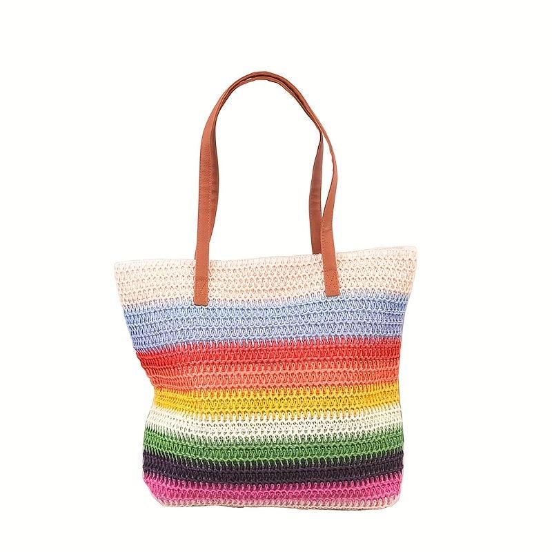 Large Rainbow Tote Bag Straw Storage Shoulder Bag For Travel