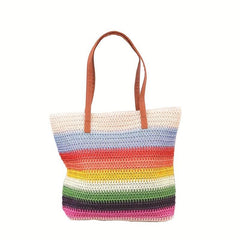 Large Rainbow Tote Bag Straw Storage Shoulder Bag For Travel