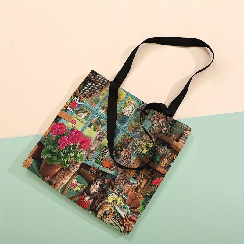 Flower & Cats Print Tote Bag Large Travel Shoulder Bag