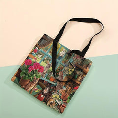 Flower & Cats Print Tote Bag Large Travel Shoulder Bag