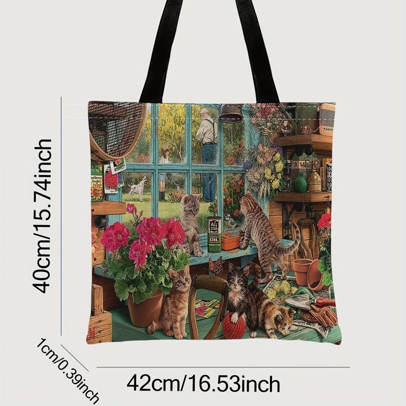 Flower & Cats Print Tote Bag Large Travel Shoulder Bag
