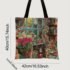 Flower & Cats Print Tote Bag Large Travel Shoulder Bag