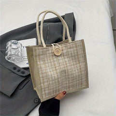 Tweed Handbag for Women Burlap Tote Bag Portable Lunch Box Bag