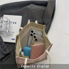 Tweed Handbag for Women Burlap Tote Bag Portable Lunch Box Bag