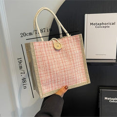 Tweed Handbag for Women Burlap Tote Bag Portable Lunch Box Bag