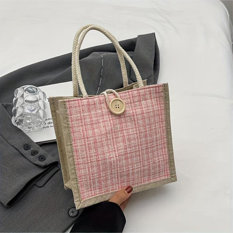 Tweed Handbag for Women Burlap Tote Bag Portable Lunch Box Bag