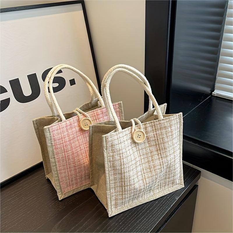 Tweed Handbag for Women Burlap Tote Bag Portable Lunch Box Bag