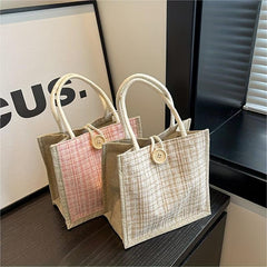 Tweed Handbag for Women Burlap Tote Bag Portable Lunch Box Bag