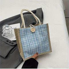 Tweed Handbag for Women Burlap Tote Bag Portable Lunch Box Bag