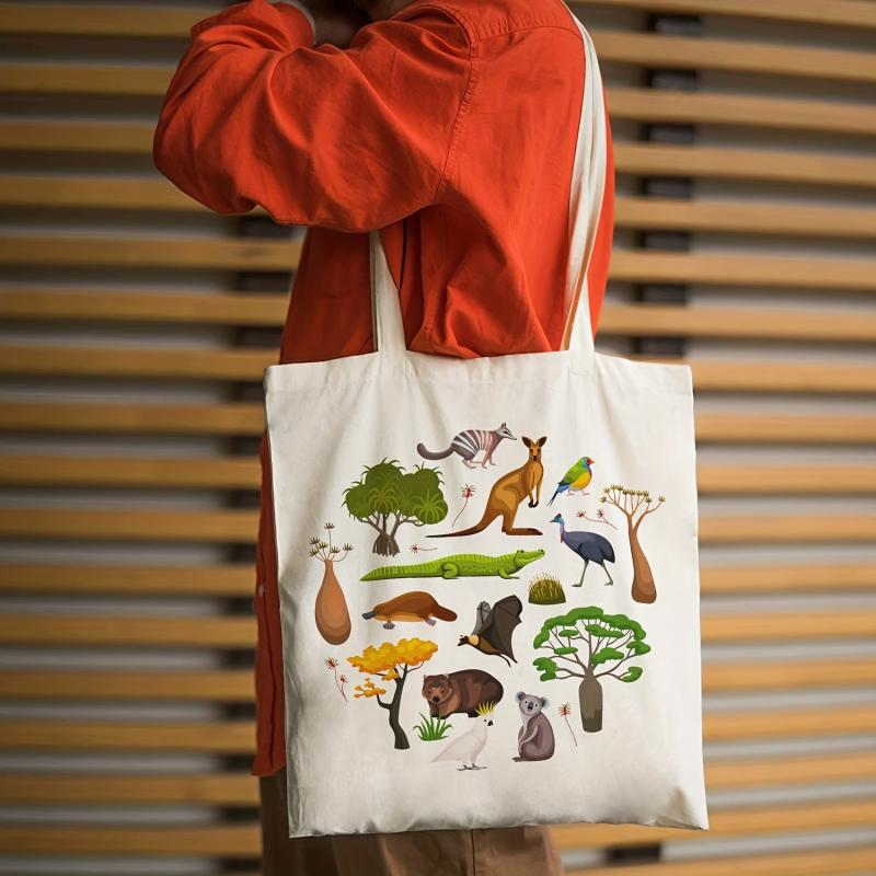 Canvas Tote Bag Cartoon Animals Print Handbag All Match Shopping Bag Women