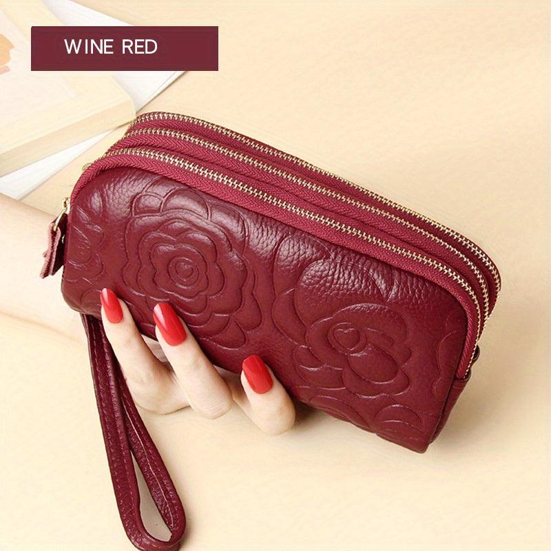 Classic Flower Embossed Long Wallet Solid Vintage Coin Purse Minimalist