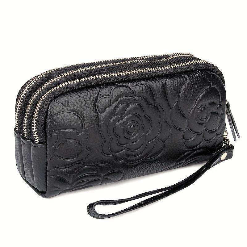 Classic Flower Embossed Long Wallet Solid Vintage Coin Purse Minimalist
