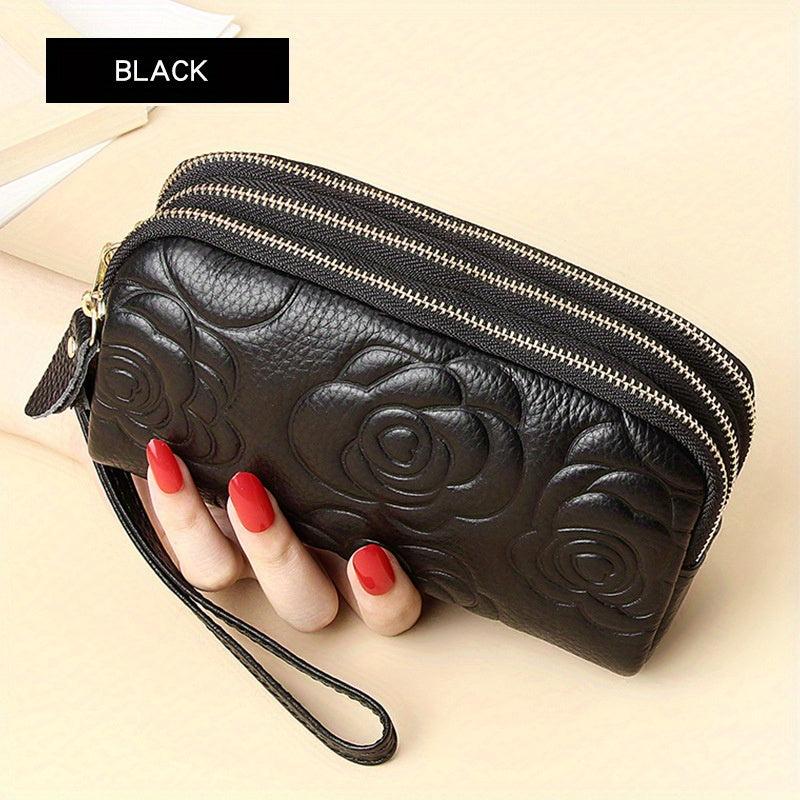 Classic Flower Embossed Long Wallet Solid Vintage Coin Purse Minimalist
