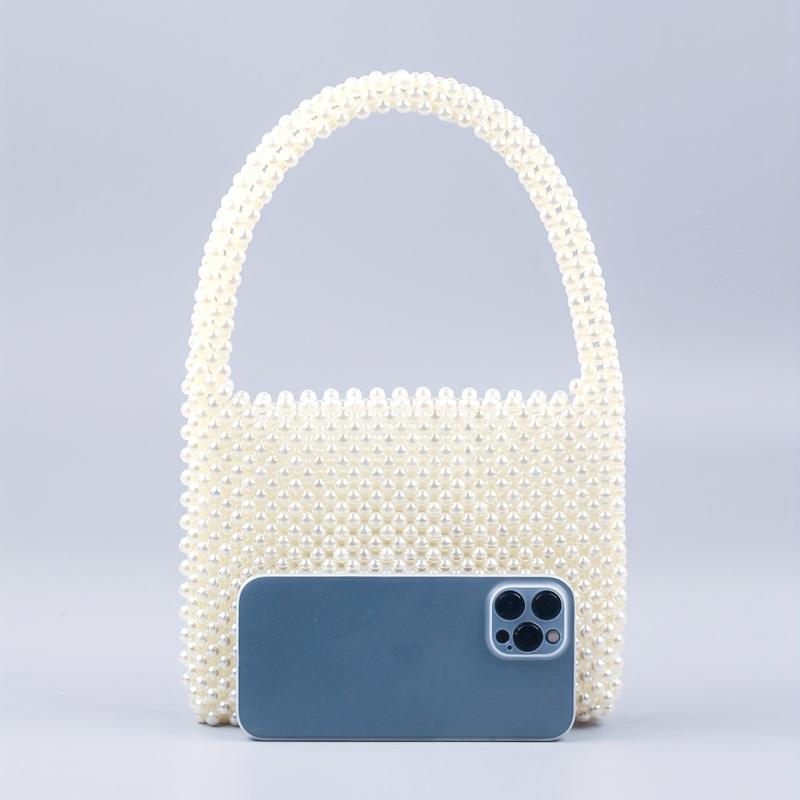 Mini Pearl Decor Handbag Glitter Satchel Bag Beaded Handle Clutch Purse