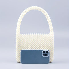 Mini Pearl Decor Handbag Glitter Satchel Bag Beaded Handle Clutch Purse